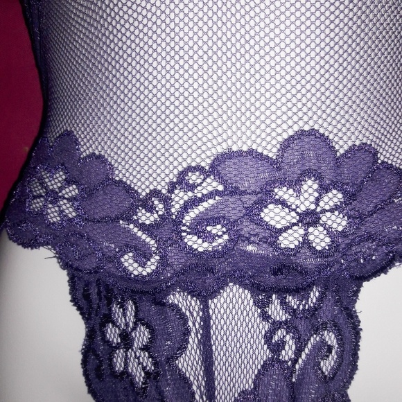 Purple Mesh Floral Lace Trim Halter Bodysuit O/S - Picture 4 of 5